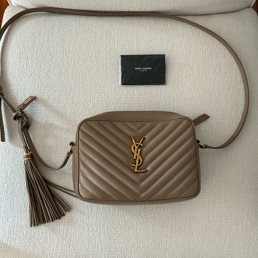 Authentic YSL Calfskin Matelasse Monogram Lou Camera Bag Dark Beige